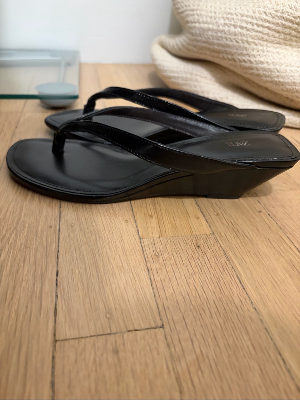 Zara Black Low Wedge Thong Sandals